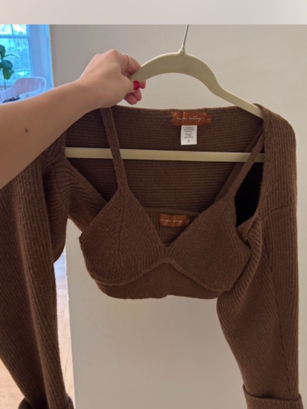 Brown Knit Bralette and Cropped Cardigan Set